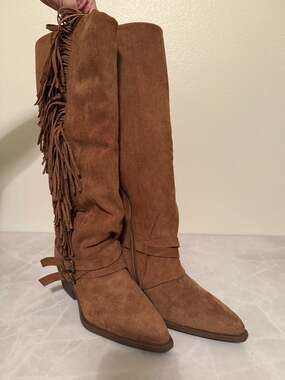 Olivia & K Suede Fringe Cowboy Western Boots Brown